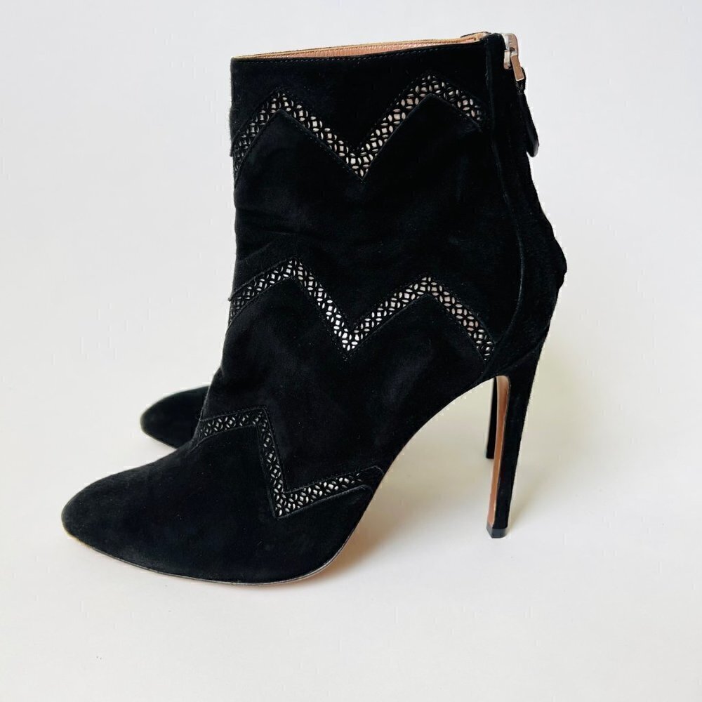 ALAIA Paris black suede pointed toes heeled booties, Size 39